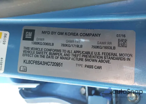 2017 Chevrolet Spark 2Lt Cvt из США, поврежденный, VIN KL8CF6SA3HC720951